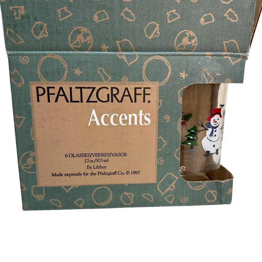 Pfaltzgraff Snow Village‎ Snowman Holiday Glasses Set 6 of 17oz Winter Sledding